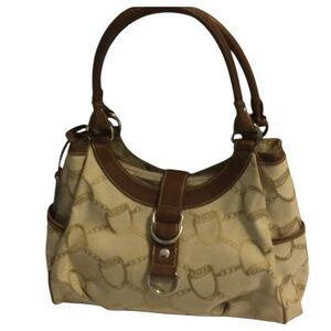 Chaps Signature Fabric Leather Trim Stylish Cream and Brown Handbag